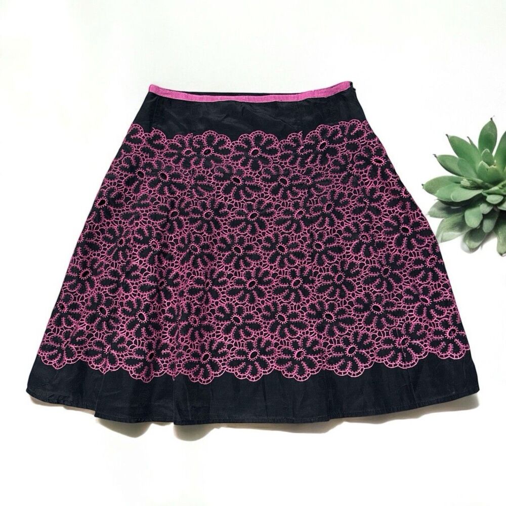 ISHYU Skirt Women’s 4 Black Pink Floral Embroidered Silk Blend Lined Boho